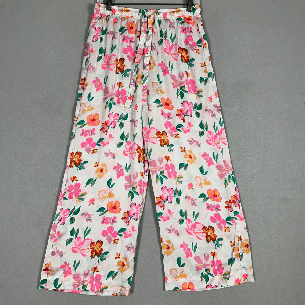 J Crew Pajama Pants Womens Small Floral White Pink Wide Leg Lounge Stretch Waist